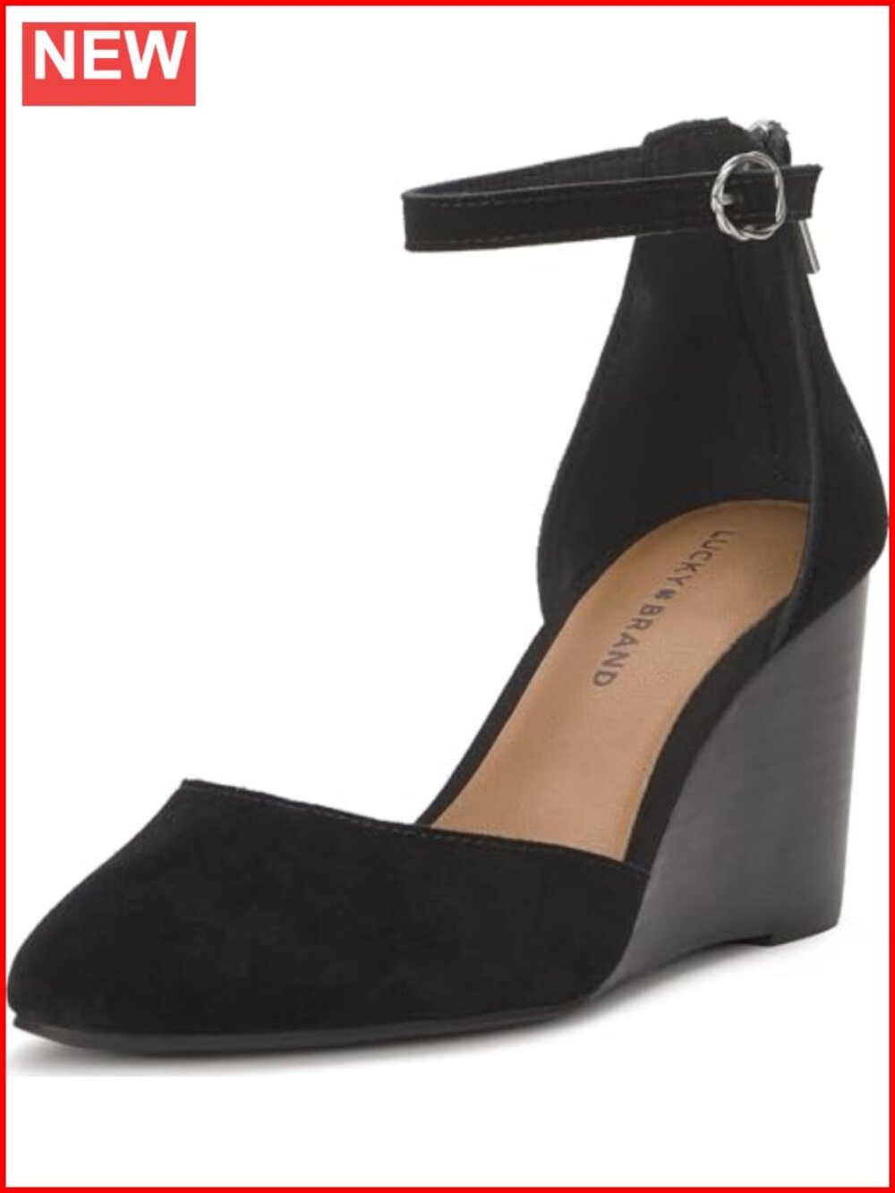 Lucky Brand Nitika Suede Wedge Sandal Ankle Strap Almond Toe
